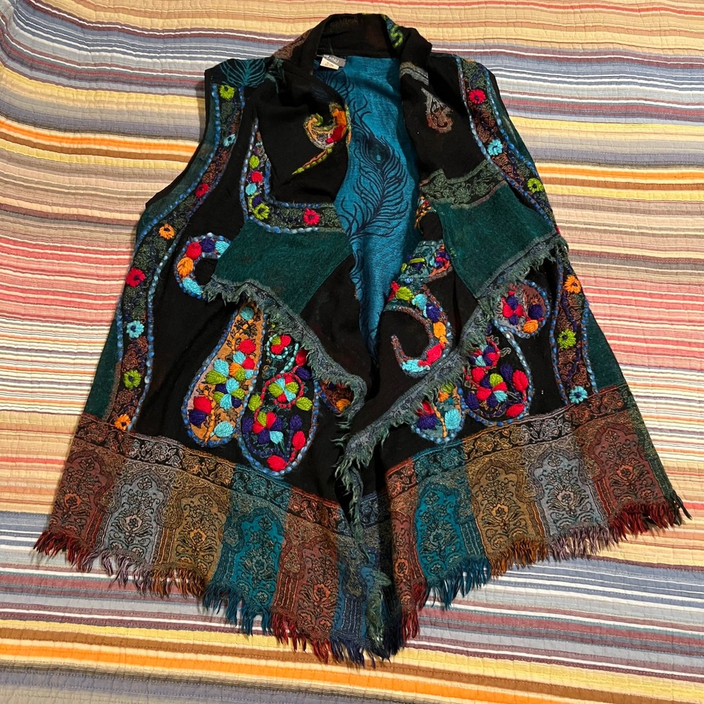 Anu Bohemian Wool Embroidered‎ Peacock Feather Vest Black Teal Orange Women S/M